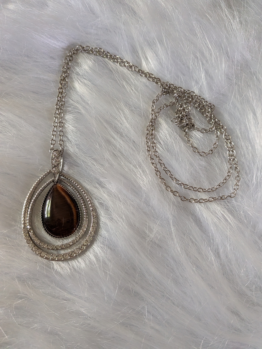 Silver Teardrop Pendant Necklace with Brown Gemstone